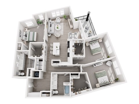 Floor plan layout of 1810 sf three-bedroom apartment featuring two bathrooms and a balcony.